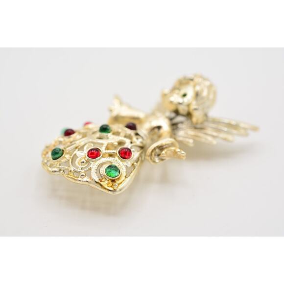 Tancer II Vintage Angel Pin Brooch Red Green Cabochon Christmas Signed Bin5B - Picture 6 of 12